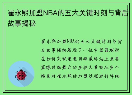 崔永熙加盟NBA的五大关键时刻与背后故事揭秘